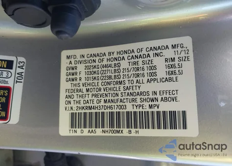 2013 Honda Cr-V Lx from USA, damaged, VIN 2HKRM4H37DH617003